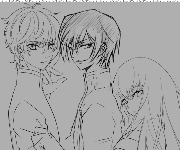 ( *・ω・)前に描いたルルーシュ何回描きなおしてもどうしてもポーズまとまらなくてお蔵入りになりそうだったから人をふやしてペン入れ中・・ 
