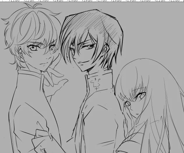 ( *・ω・)前に描いたルルーシュ何回描きなおしてもどうしてもポーズまとまらなくてお蔵入りになりそうだったから人をふやしてペン入れ中・・ 