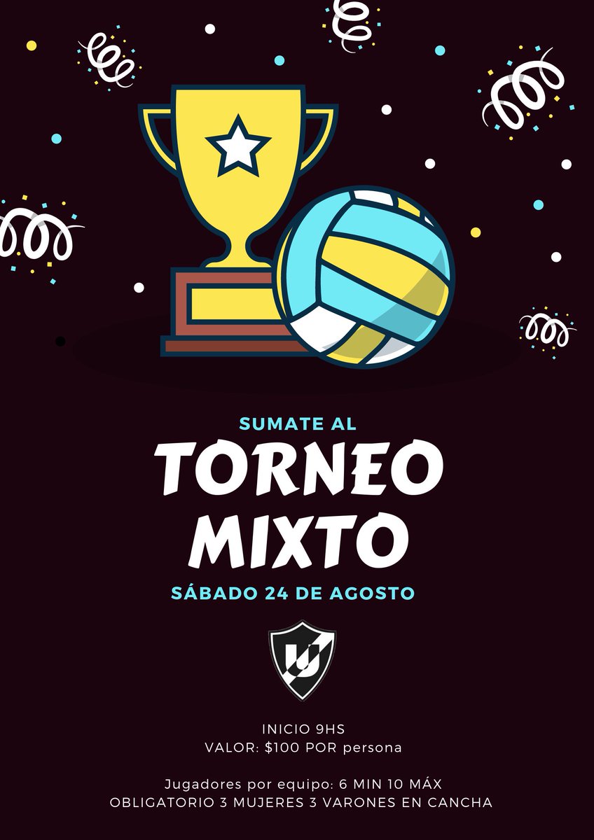 SEGUNDO TORNEO MIXTO 2019 🏐🙌🏽🎉
● Sábado 24 de Agosto
○ Inscripción: $100 por jugador/a
●Equipo: 3 mujeres y 3 varones en cancha, obligatorio. Mínimo 6 jugadores, Máximo 10 jugadores.
○ Partido al mejor de 3 sets. Primer y segundo set a 25 pts. Tie-break a 15 pts.