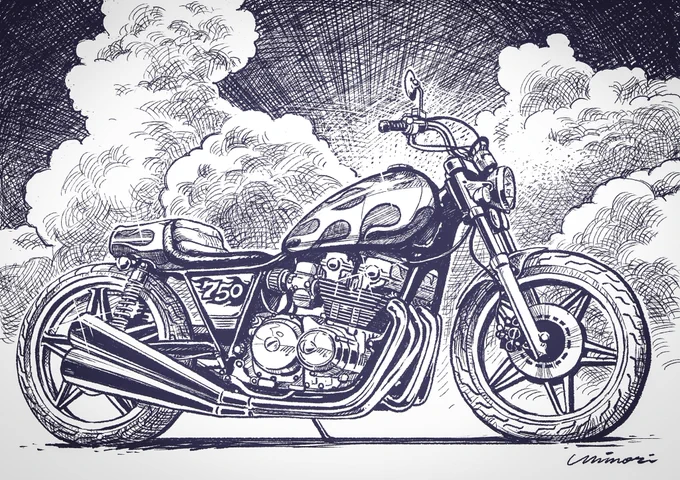 2階調で描くシリーズmono color illustrations #バイクの日 #motorcycle #Illustration 