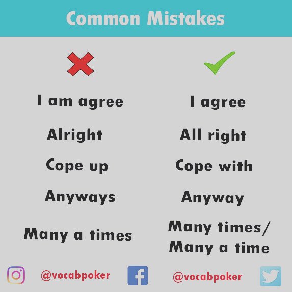 vocabpoker's tweet photo. Common Mistakes
#vocabpoker
#english #vocabulary #gre #ielts #toefl #gmat #sat #SATs2019 #learnenglish #SpeakYourself #speaking #learn #onlinelearning #teacher #Professor #game #pokeronline #spelling #word #grammar #language #languagelearning https://t.co/9siqyFyR6g