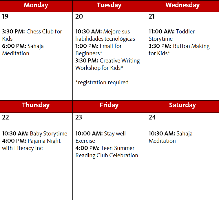 This week's listing of events. We recommend the creative writing workshop for kids.
