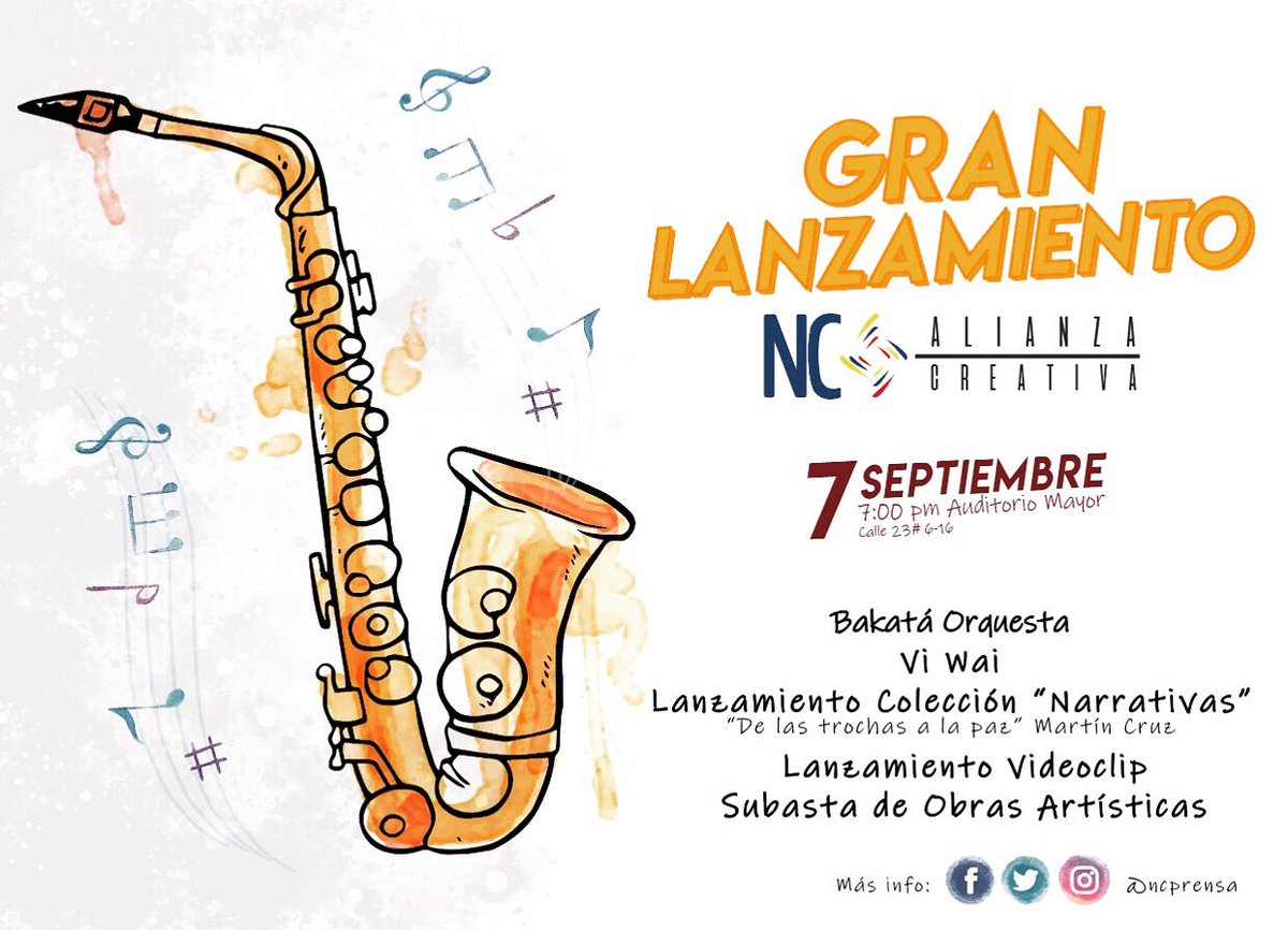 viwaimusic's tweet photo. @viwaimusic @vi.wai #Cuba 
#7SeptiembreCulturaParaLaPaz 
Invitados todos al espectacular lanzamiento de #NCAlianzaCreativa  “De Cuba para Colombia y de Colombia para el mundo”
Auditorio Mayor Cll23#6-16 Bogotá, entradas en Instagram @NCProducciones
@laudestereo @oxigenofmbogota https://t.co/akOOXonV1S
