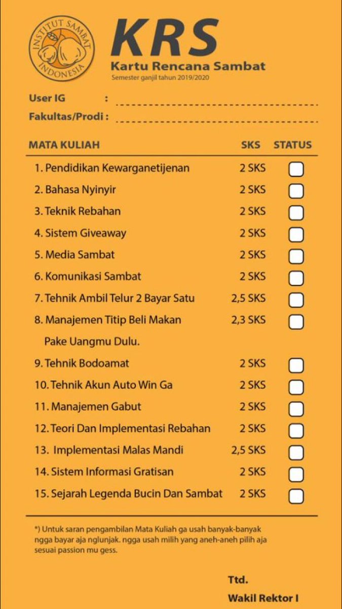 ilhamfirdausID's tweet photo. Mata kuliah wajib yg gak pernah muncul dalam portal, tetapi bisa direalisasikan dengan cepat. 🤣🤣 https://t.co/iPXgyHg6bH