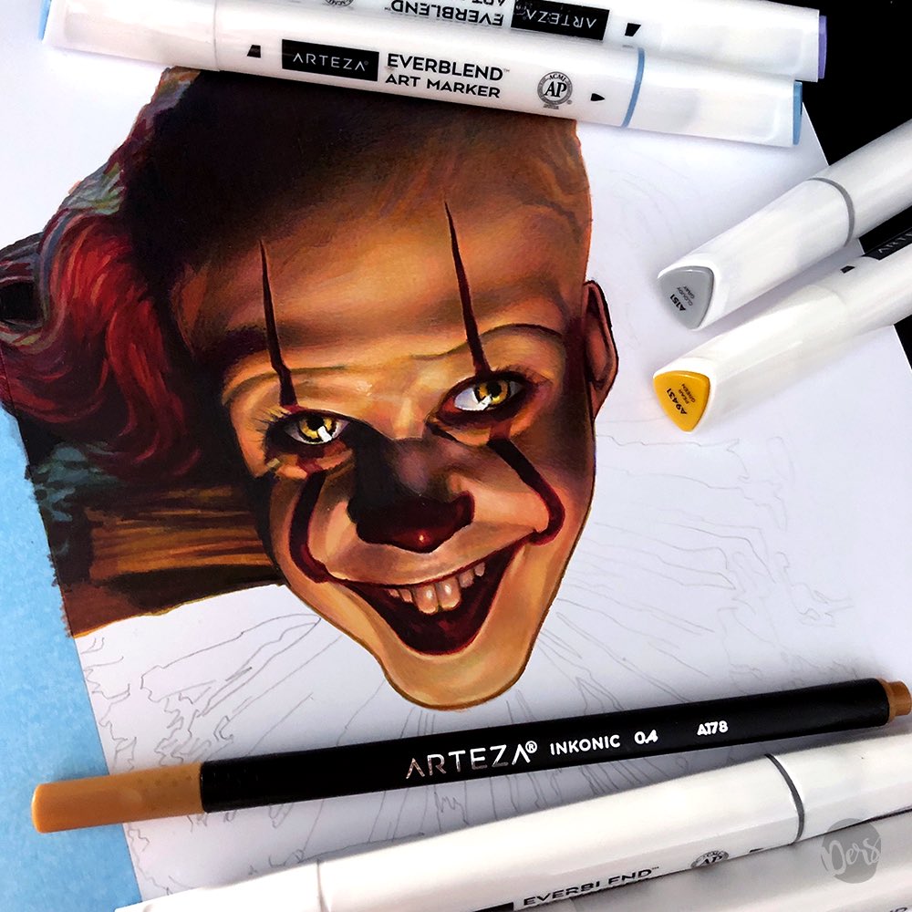 Dércio Santos on Twitter: "WIP_Pennywise🤡_IT-Chapter Two🎈 HELLO!...🎈✏️I working with the Arteza Everblend Markers and adding all the fine details with the Inkonic fineliners. #it #ITChapterTwo #Pennywise #IT2 #arteza #artezauk #horror #art #