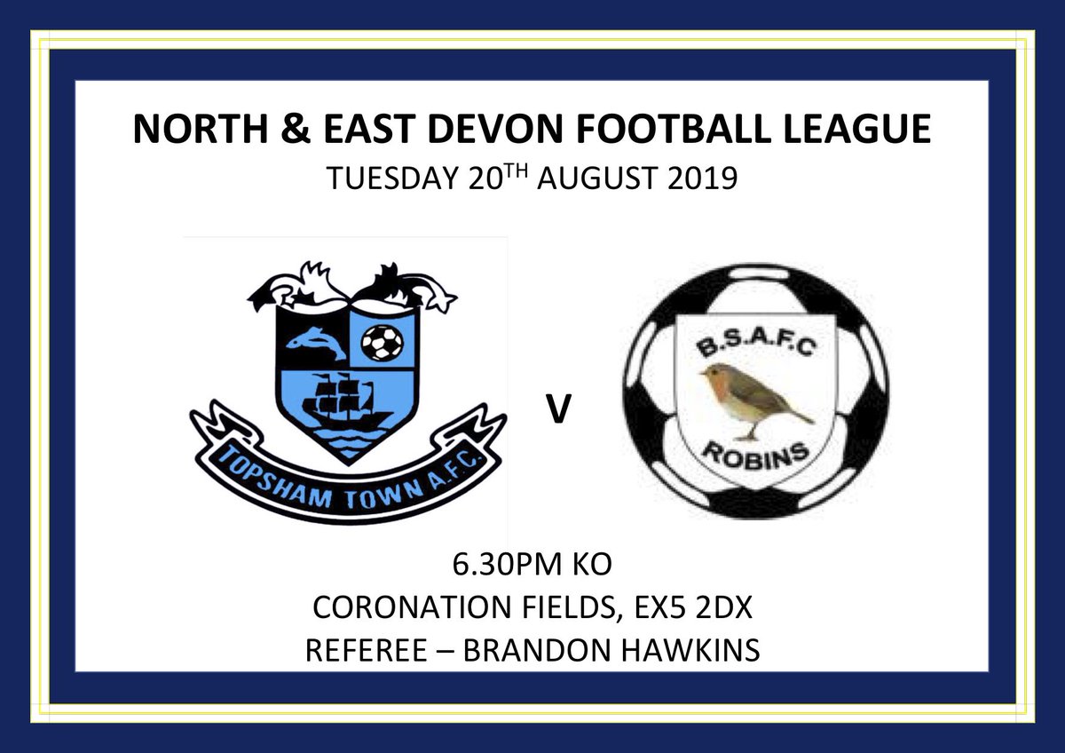 After suffering a 5-1 loss to a good <a href="/TeignsFC/">Teignmouth AFC</a> yesterday, we go again Tuesday night where we welcome <a href="/BudleighAFC/">Budleigh Salterton AFC</a>, 6.30pm KO.
Bar will be open and there will be an entry fee of £3 per adult, £2 OAPs &amp; £1 for U16's. Please come and show your support! 
#upthetops @DFLeague2019