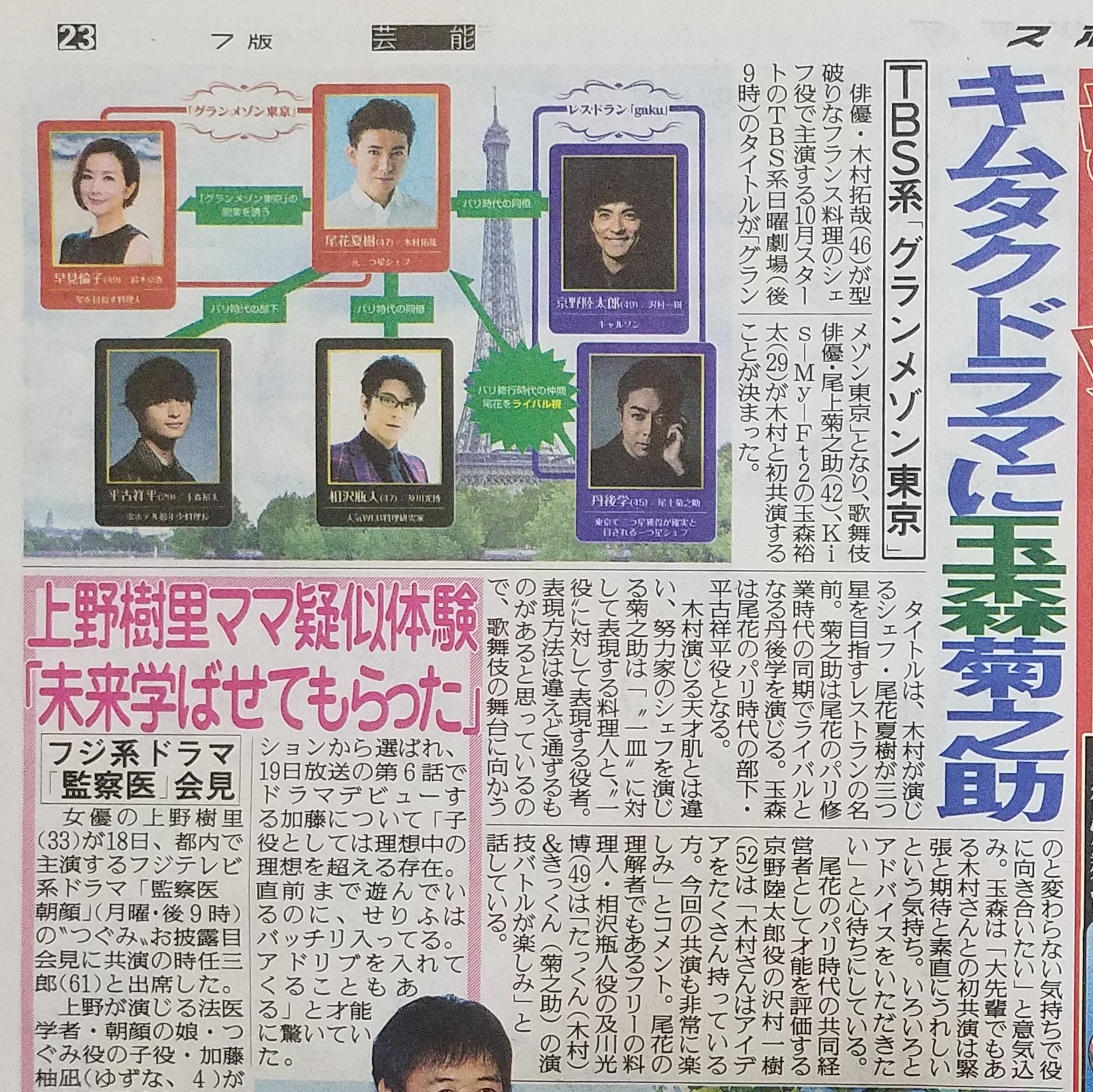 木村拓哉さんが型破りなフランス料理シェフ役で主演する10月スタートのtbs系日曜劇場のタイトルが グランメゾン東京 となり 歌舞伎俳優 尾上菊之介さん Kis My Ft2の玉森裕太さんと初共演する スポーツ報知 話題の
