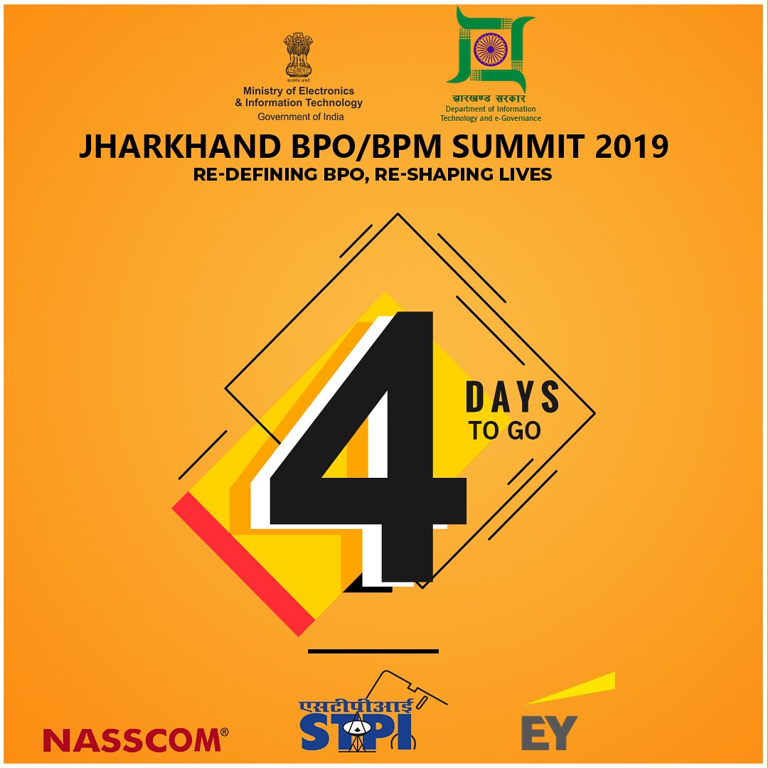 BPOBPM's tweet photo. The #countdown has now begun.
Jharkhand BPO/BPM Summit 2019 is not so far.
Only 5 days to go.
Stay tuned!

#bpo #bpoindustry #bposummit #employment #JharkhandGoverment 

@ITDept_JH  @dasraghubar @StpiRanchi @HeroBpo @TatwaTech  @cyfuture  @GoI_MeitY @TPDIBS @rsprasad @nasscom https://t.co/7Zov1UySXN