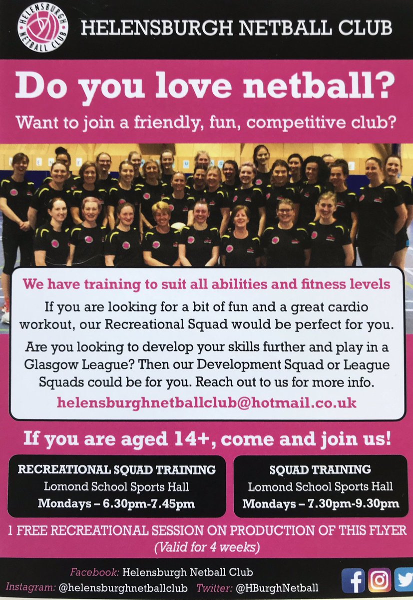 HBurghNetball's tweet photo. BRING your leaflet along when you come to try a FREE Recreational Netball session in the next 4 weeks. Mondays, Lomond Sports Hall, Rhu Road Higher, 6.30-7.45pm #hnc #hncrec #hncdev #givenetballago #EveryBodyForNetball https://t.co/fsMOZSdOnj