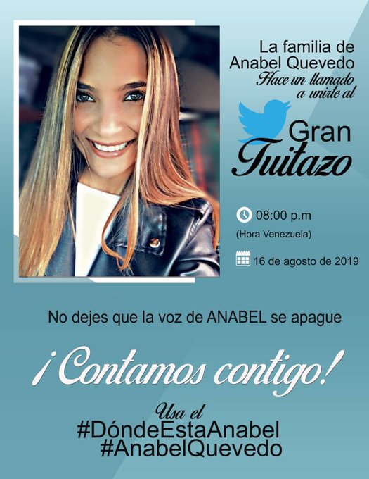ReporteYa's tweet photo. #18Ago la última vez que Anabel Quevedo habló con su mamá @soniadquevedo fue el día que desapareció. Ella  hacia mercado para llevárselo a su mamá como acostumbraba. La última comunicación con ella fue por teléfono cuando le dijo: "Mamá voy en camino a casa.- @RCamachoVzla https://t.co/6RVINuWXkT