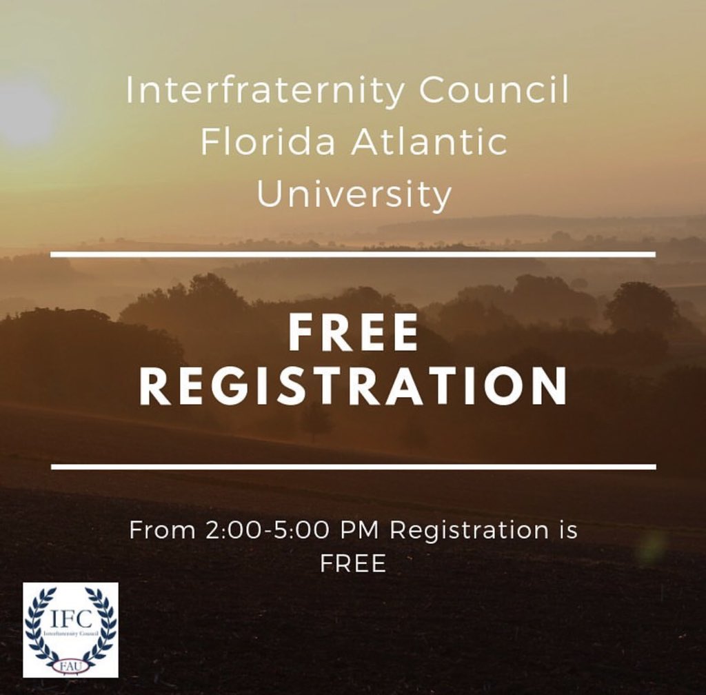 For today only, <a href="/FAUIFC/">IFC @ FAU</a> has dropped their registration fee! Register by 5pm to take advantage of this deal! Link in IFC’s bio or fau.edu/fslife 

#FAU #FAUFSLife #FAU23 #FAU22
