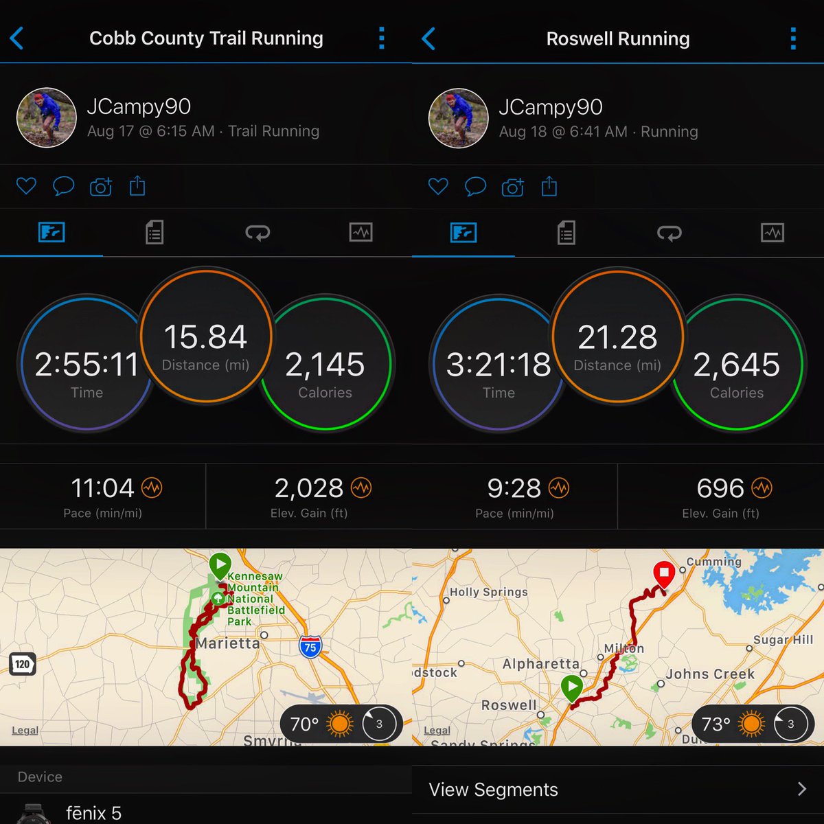 JCampy90's tweet photo. This weekend I completed my last 2 long training runs leading up to #UTMR through #Italy and #Switzerland in early September. 1 trail and 1 road but equally tough with this #GA heat 😅 #RunFree #Hoka #TimeToFly #Training https://t.co/zcJmKvtERb