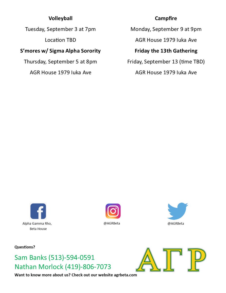 AGRBeta's tweet photo. Tonight after the involvement fair, join us for a fire at the AGR house for our first rush event of the year! #rushAGR #rush2019 #gogreek #gogreekosu #makingbettermen #AGR #AlphaGammaRho #greeklife #osugreeklife #welcomeback #osu #ohiostate #rush https://t.co/AjBAyQY3Z0