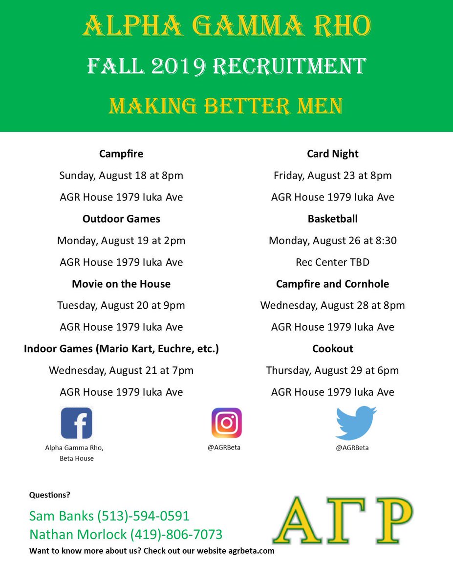AGRBeta's tweet photo. Tonight after the involvement fair, join us for a fire at the AGR house for our first rush event of the year! #rushAGR #rush2019 #gogreek #gogreekosu #makingbettermen #AGR #AlphaGammaRho #greeklife #osugreeklife #welcomeback #osu #ohiostate #rush https://t.co/AjBAyQY3Z0