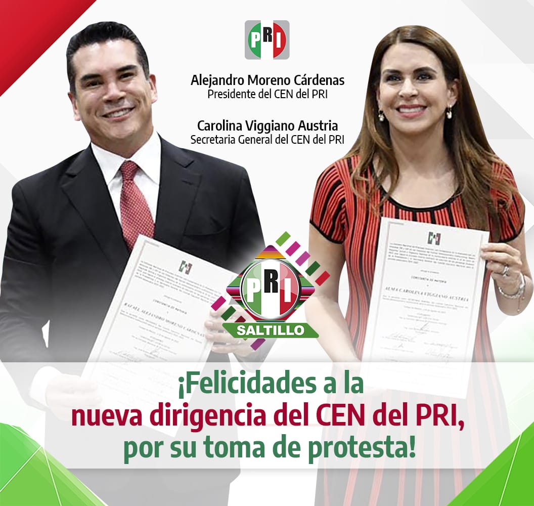 El Comité Municipal del #PRISaltillo, que Preside la Dip. <a href="/luciaazucena/">Azucena Ramos</a> y su Srio. Gral. <a href="/lalomedrano11/">Lalo Medrano</a>, felicitan a <a href="/alitomorenoc/">Alejandro Moreno</a> y <a href="/caroviggiano/">Carolina Viggiano</a> por su toma de protesta como Presidente y Sria. Gral. respectivamente del Comité Ejecutivo Nacional del #PRI.¡Muchas felicidades!