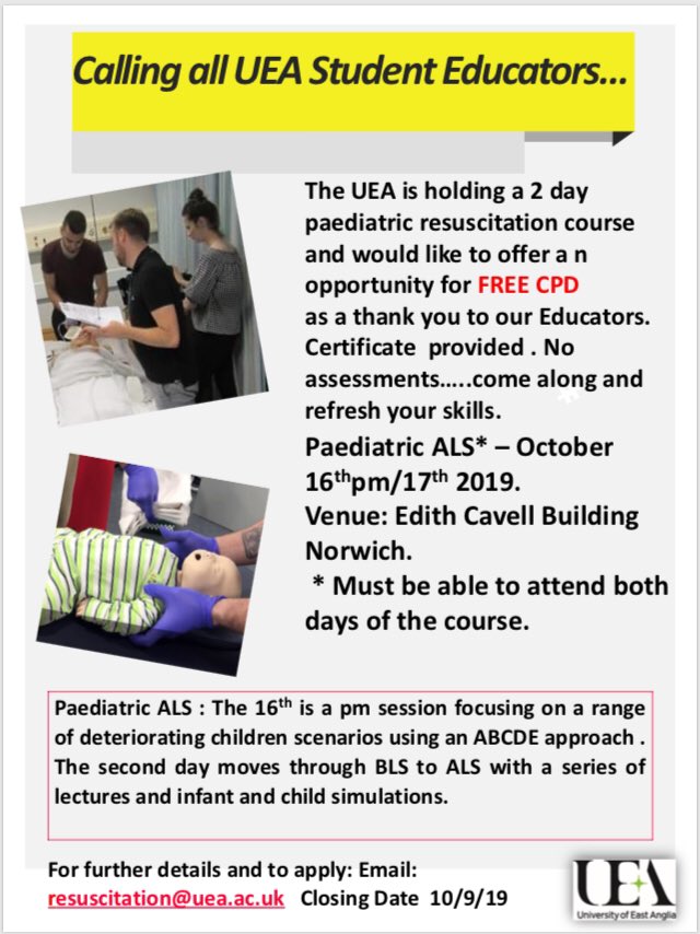 There are a few places remaining if any EEAST Educators that mentor UEA students want to join us for one and a half days of paediatric resuscitation practice .DM me or email on poster below <a href="/Auntymelon/">Helen Hardy</a> @EEAST_CNDLOs @EEAST_WAVDLOs @EEAST_WNDLOs @EEAST_IPSDLOs @UEA_Paramedic