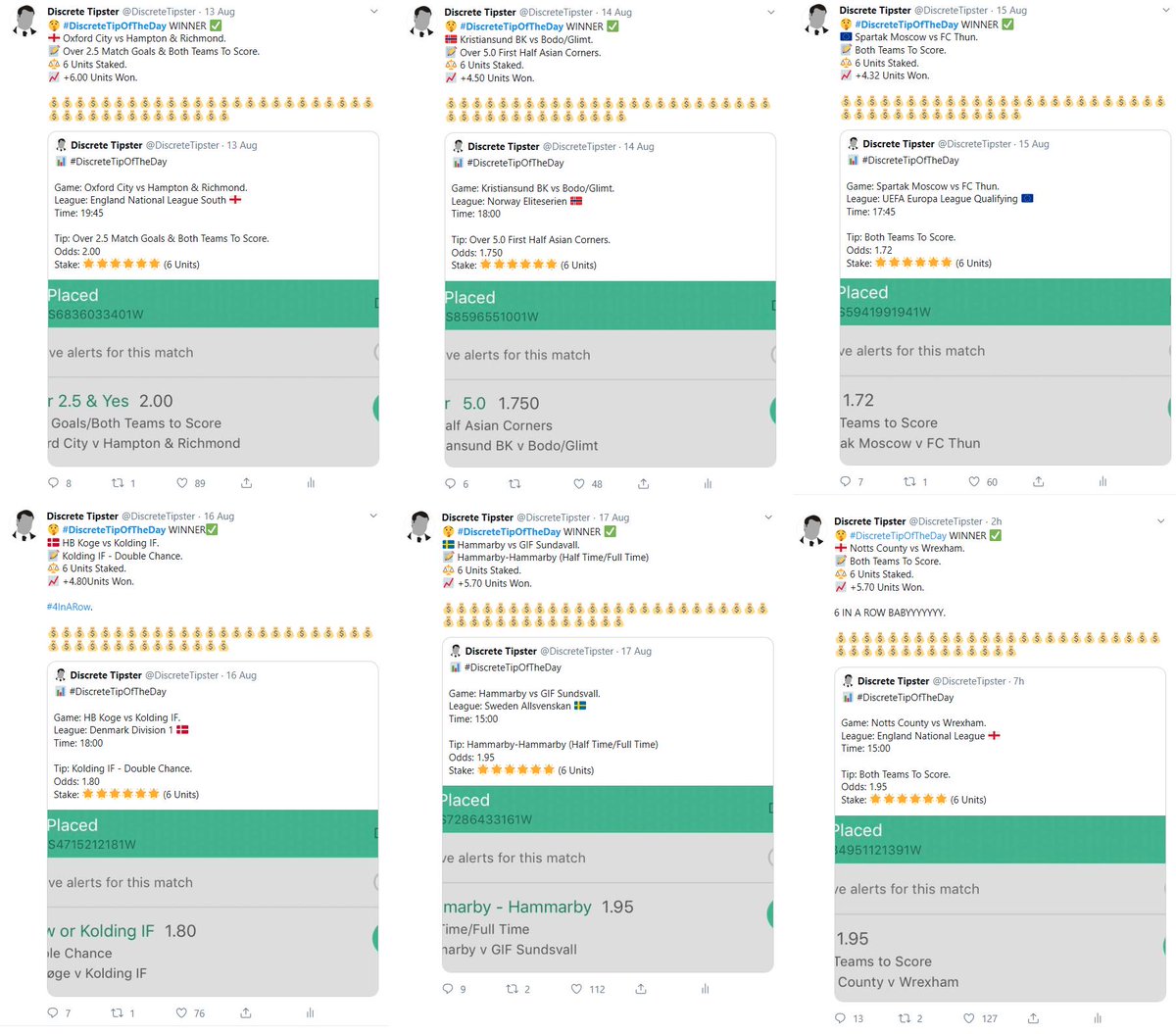 6 in a row on the #DiscreteTipOfTheDay ladies and gents. Eyeing up the 7th tomorrow.

= 31.02 UNITS PROFIT.
