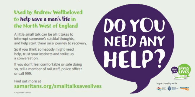 💕 Striking up a conversation can be enough to save someone's life. We’re supporting #SmallTalkSavesLives, a campaign developed by @Samaritans, <a href="/networkrail/">Network Rail</a>, <a href="/BTP/">British Transport Police</a> and the wider rail industry. You can find out more here: youtube.com/watch?v=KiynAd… 💕