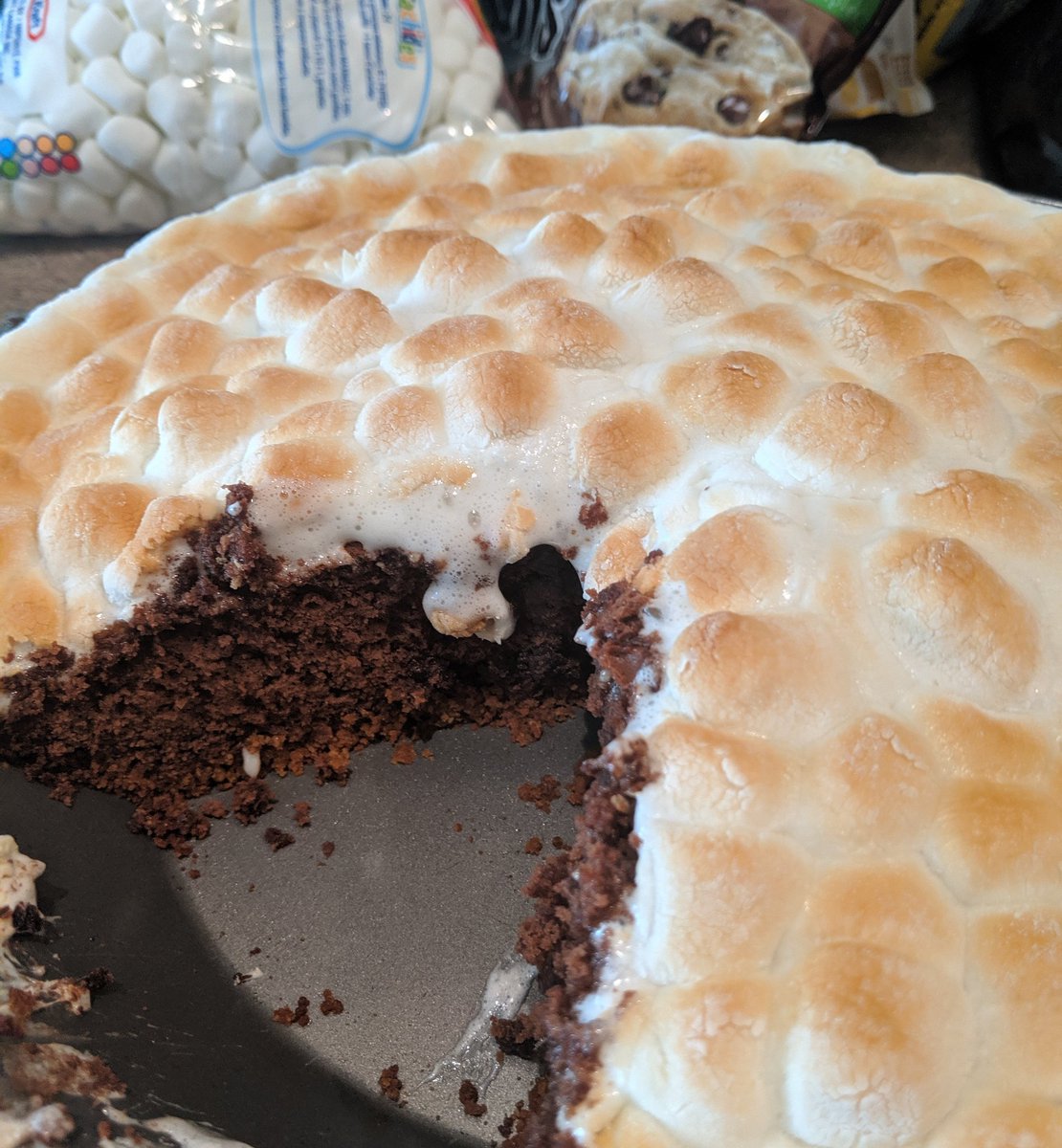 Quantum_Cupcake's tweet photo. I just made a S'mores pie for the last day of Camp. First dibs to #troop626 👽🏕️🥧
Graham cracker crust, brownie center, toasted marshmallow topping!
#IGGPPCamp https://t.co/1pcOS9MWWy