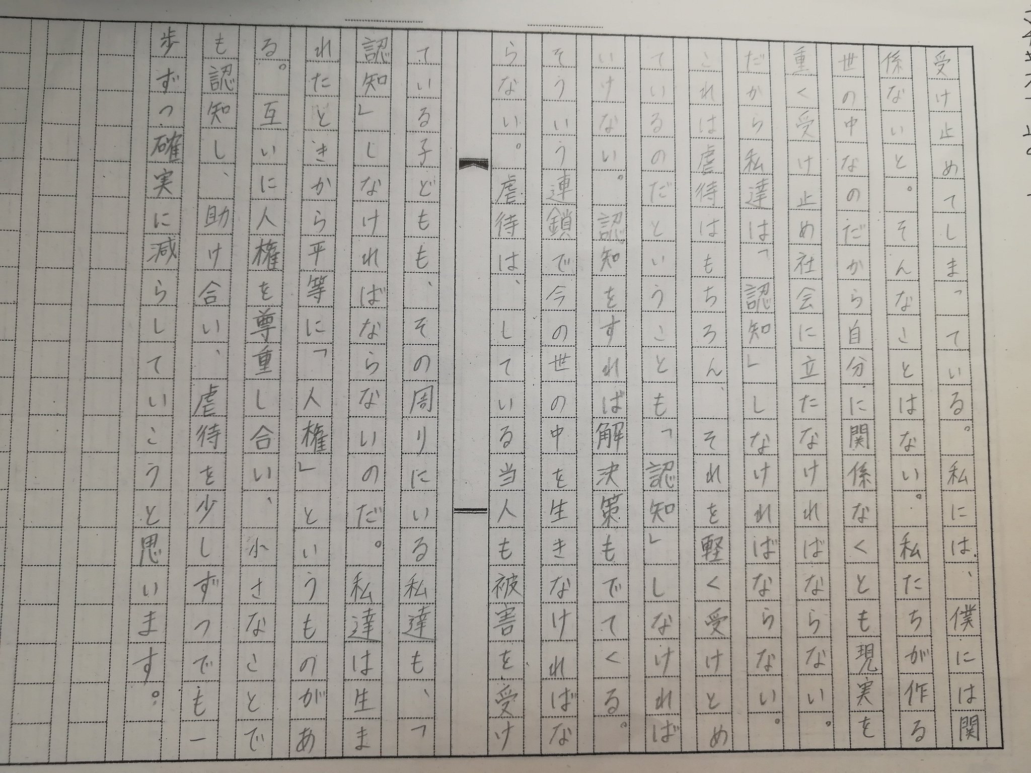 この垢消えます 人権作文 綺麗事って思うかもしれないけどこういうことしなかったら世の中から虐待は減らないと思う 無くそうとか無責任なことは言えないけど減らしてこ