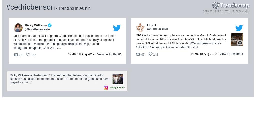 #cedricbenson is now trending in #Austin

https://t.co/8ql1mur0XU https://t.co/2STDcVwakV