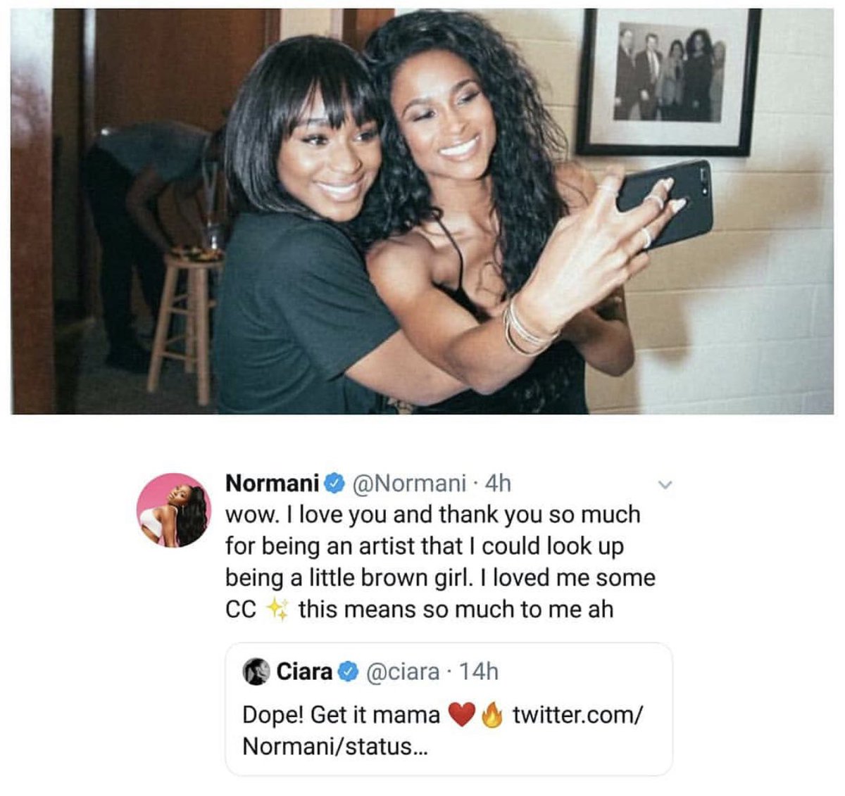 I couldn’t find your tweet to respond to, but seriously I know you work so hard, and it shows every time! You are carving out a lane of your own @Normani! The love you’ve shown me has also inspired me! #BlackGirlsRock ❤️