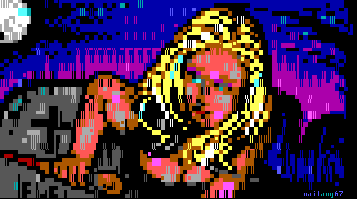 “The Chosen One”, ANSI textmode representation of <a href="/SarahMGellar/">Sarah Michelle</a>, joint effort with <a href="/ivansegaric/">Savage</a> of <a href="/blocktronics/">blocktronics</a> for the competition of this year's <a href="/evoke_eu/">evoke demoparty @evoke@abraum.social</a> demoparty.

#ansi #textmode #8bit #demoscene #retrocomputing #buffy #buffythevampireslayer #SarahMichelleGellar