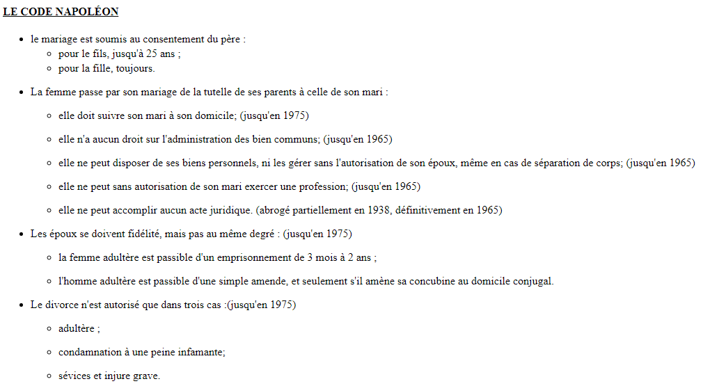 9) "On doit tout le Code Civil à Napoléon"Non, on le doit à Cambacérès, Préameneu, Maleville, Tronchet et Portalis, qui bossaient dessus depuis 10 ans. Napoléon s'est juste penché dessus pour y ajouter le rétablissement de l'esclavage, et ça : https://felina.pagesperso-orange.fr/doc/femm/datesfemmes.htm#Le%20code%20Napoleon