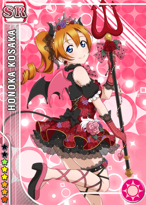 day 56: the cutest little devil...!!i was in awe when this card came out,,, the set is so good but im extra happy that i like honoka's. she's a "smile" character but she really pulls off "cool" images/themes really well..!!also her hair.... ah, baby,