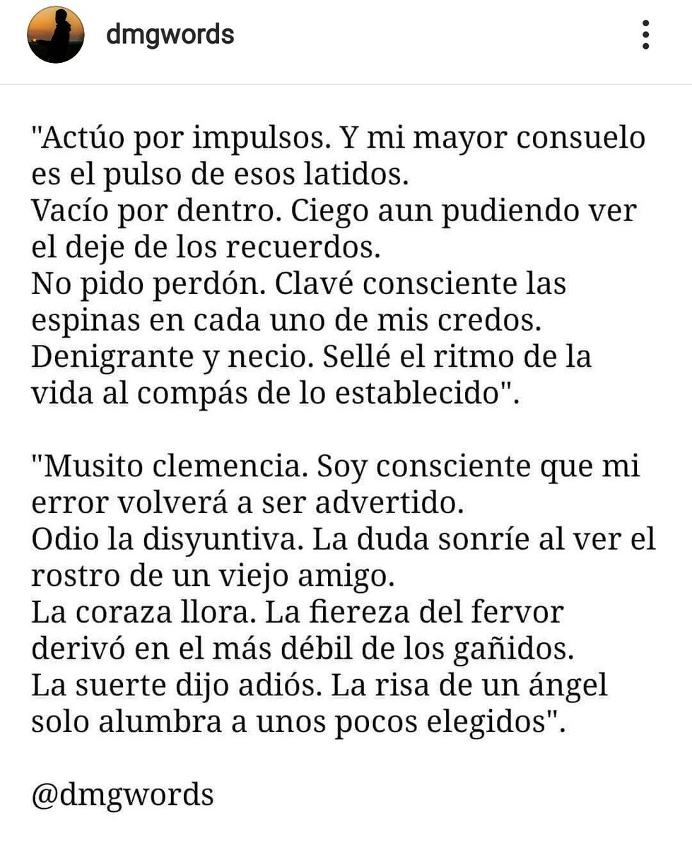 Danidmg69's tweet photo. Nunca he pedido nada por aquí, y soy consciente de que esto no llegará a mucha gente, pero tengo una cuenta de instagram en la que subo poesía y pequeños textos. Si me hicieseis el favor de dar un RT y compartirlo me haríais muy feliz. La cuenta es @dmgwords. Muchas gracias ❤️. https://t.co/jecQUVrxKp
