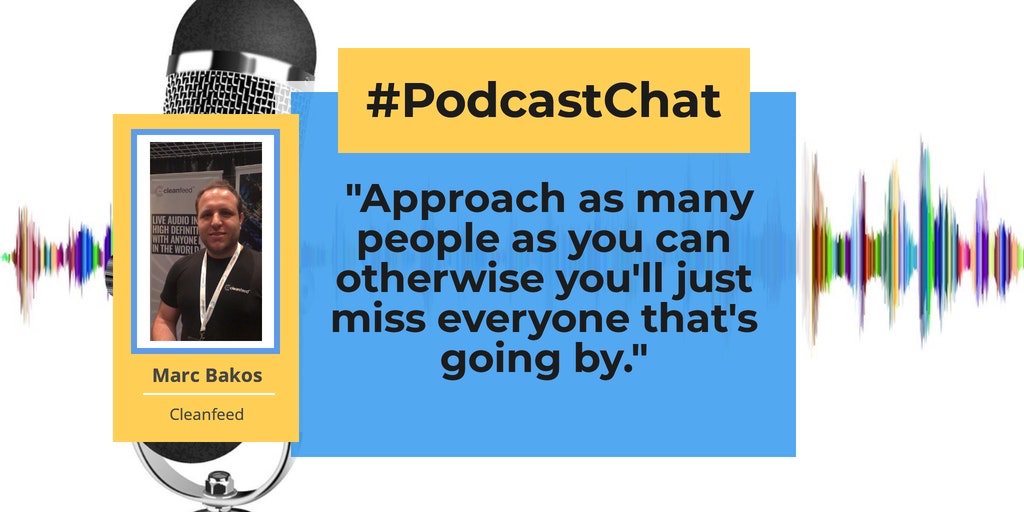 podcast_chat's tweet photo. What if you're an exhibitor at a podcast conference? What can you do to make the most out of the event? Marc Bakos from Cleanfeed @cleanfeedNET has this tip for exhibitors. #podcastchat https://t.co/rKcpzzCbrv