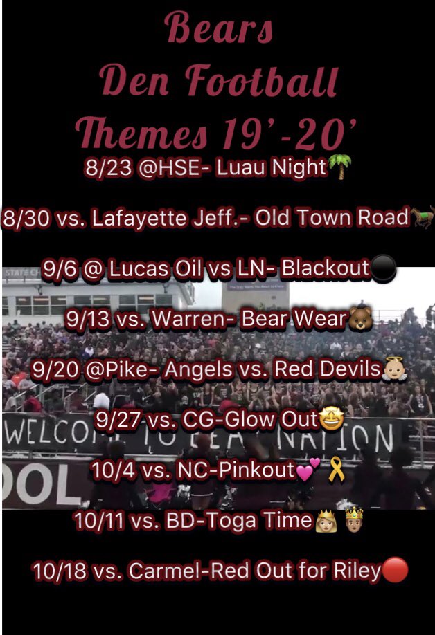 LCHS_StuSection's tweet photo. NEW YEAR=NEW THEMES?!?! Hey Bears we’re back in school which means the Friday Night Lights are back! Here are our 19’-20’ themes come out and show out! https://t.co/UCScqjz9fg