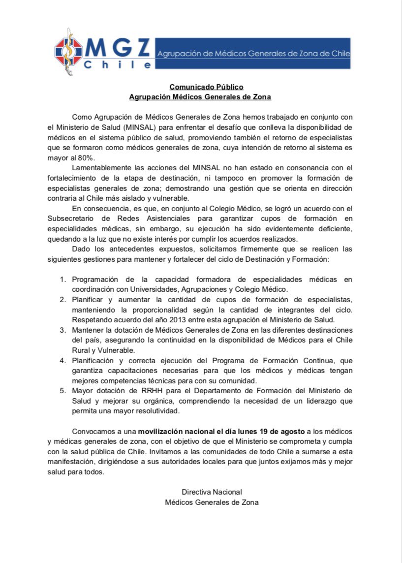 MgzChile's tweet photo. Tras semanas de conversaciones y un infructífero avance en lo que corresponde a gestiones trascendentales para mantener esta política pública, tan necesaria para Chile. Compartimos nuestro comunicado oficial de inicio de movilizaciones este 19 de agosto @MinsalChile @colmedchile https://t.co/TlRppTPP9y