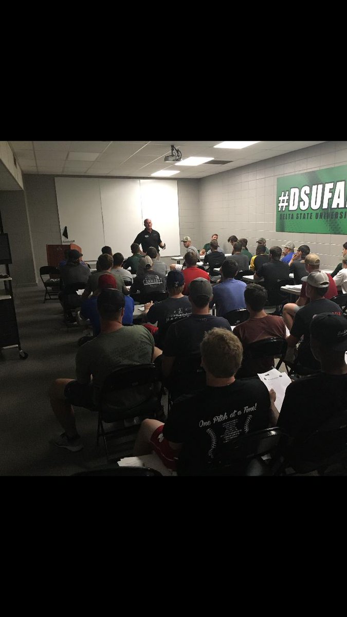 DeltaStateBSB's tweet photo. 1st team meeting of the 2019-2020 season is complete! The Road to Cary starts now. #TraditionNeverSlumps https://t.co/hrsMAiEV8Q