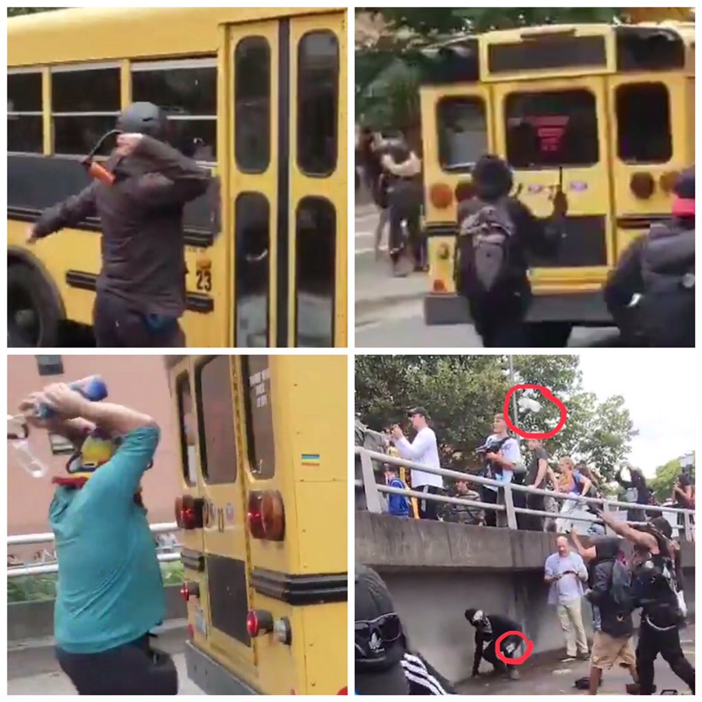 MatrixForest's tweet photo. @ElijahSchaffer @realDonaldTrump Antifa used kryptonite u-lock, batons, and concrete rocks as weapons. The Antifa mob attacked this bus as it drove away. https://t.co/NXJRJg5IQE https://t.co/qEXkmWVw1v