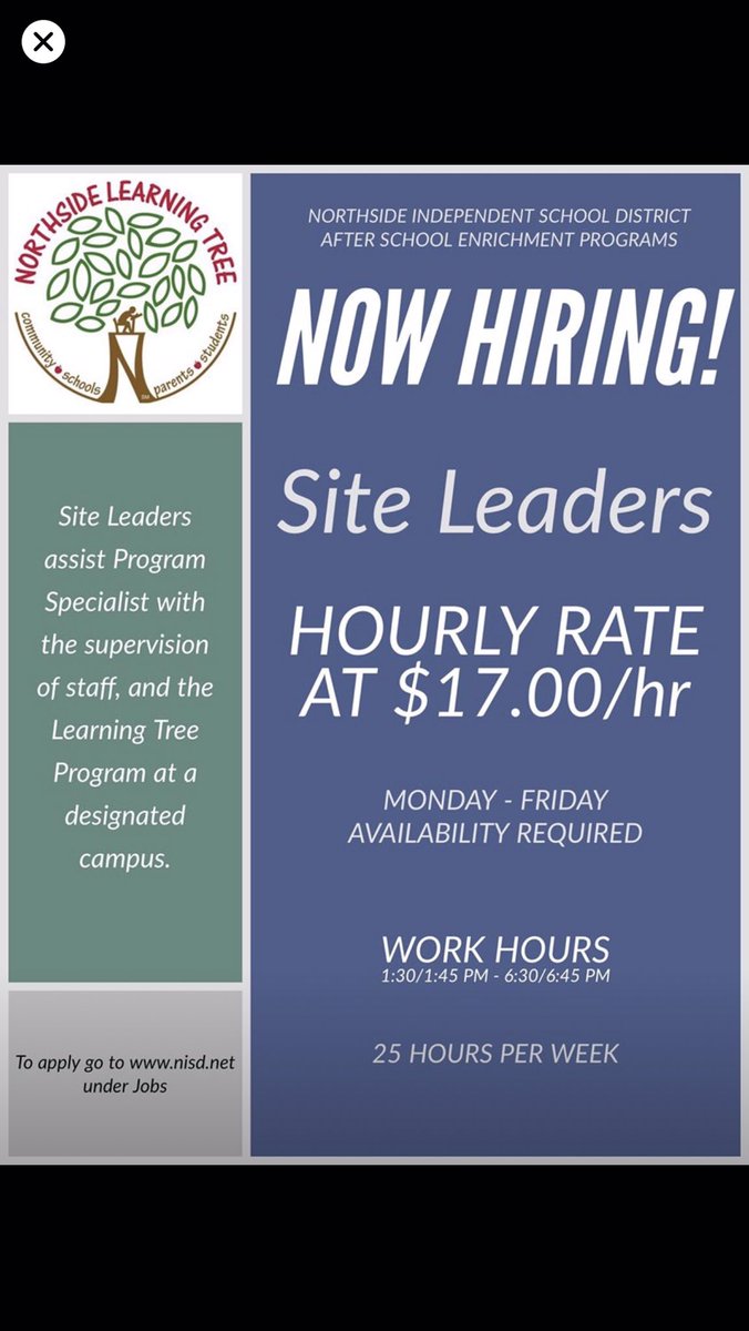 LT_MelL's tweet photo. Looking for a part time job? ✅                                                              Weekends and holidays off? ✅                                          1 year working with kids or 1 year supervising staff? ✅                                 Call 210-397-8967 https://t.co/rz2pmi76j3