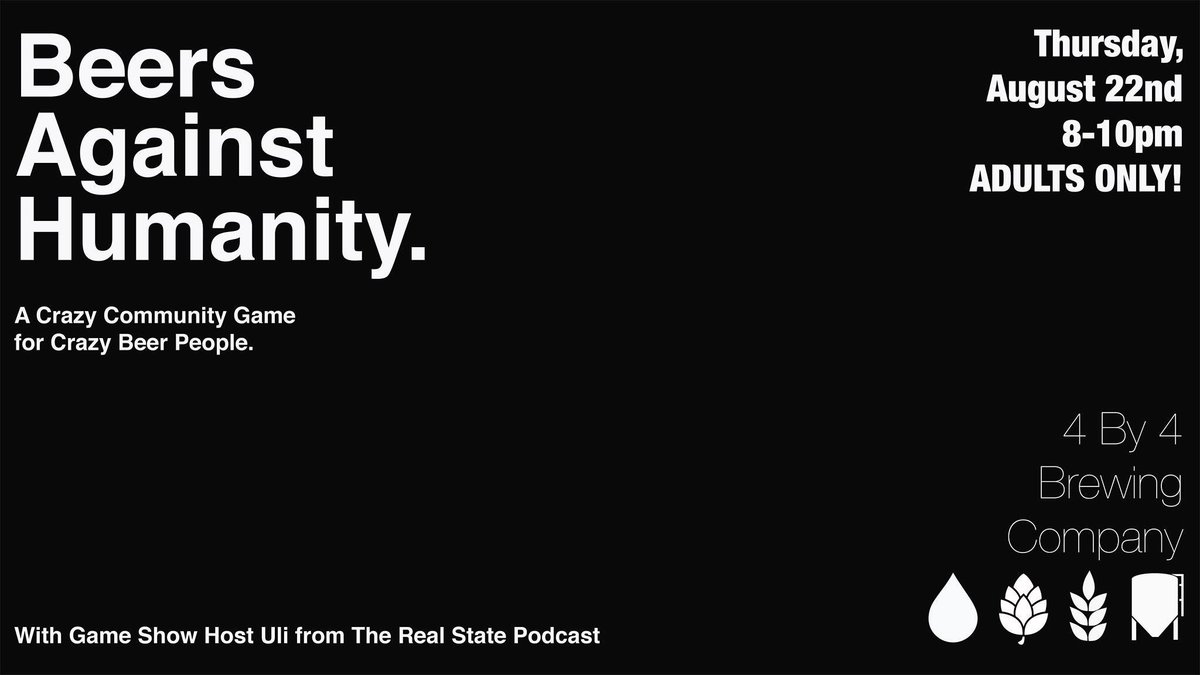 4by4Galloway's tweet photo. Beers Against Humanity is this Thursday!!!
☠️💀☠️💀☠️💀☠️💀
Assemble your teams!
#beersagainsthumanity #cardsagainsthumanity https://t.co/zjPXHETUnW