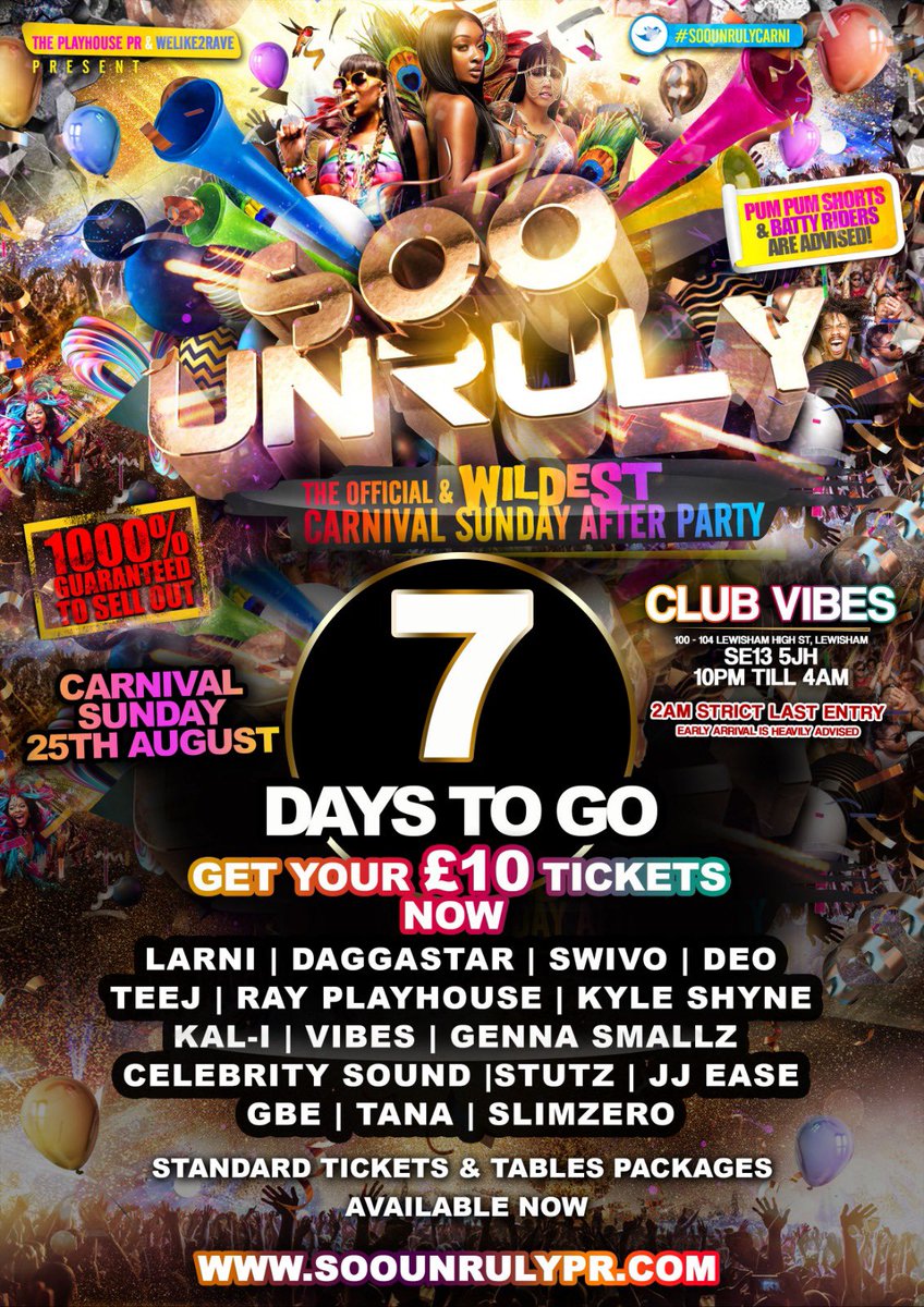 <a href="/ThePlayhousePR/">#NobodyPlaysBetter</a> Presents... 

🌴🌞🥳 #SooUnruly 🥵🔥💃🏾

One SERIOUS Carnival AfterParty Is Fast Approaching 💨😈🤩 

ONLY 7️⃣ DAYS TO GO 😱🚨😱
Last Few Remaining ⚠️⚠️

Don’t Forget Your Flags At Home ‼️

Are You Ready 👀⤵️
🎪SooUnrulyPR.com
