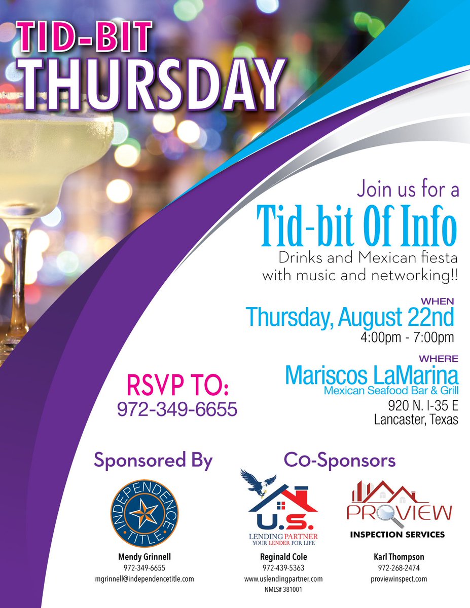 ProviewServices's tweet image. Calling All Real Estate Agents! 

Please join us this Thursday for a Tid-Bit Of Info. This is a Networking Fiesta you don't want to miss!

#networkingdallas #tidbitthursday #thursdayevents #realestateevents #yourlocalhomeinspector #proviewinspectionservices #karlwithak