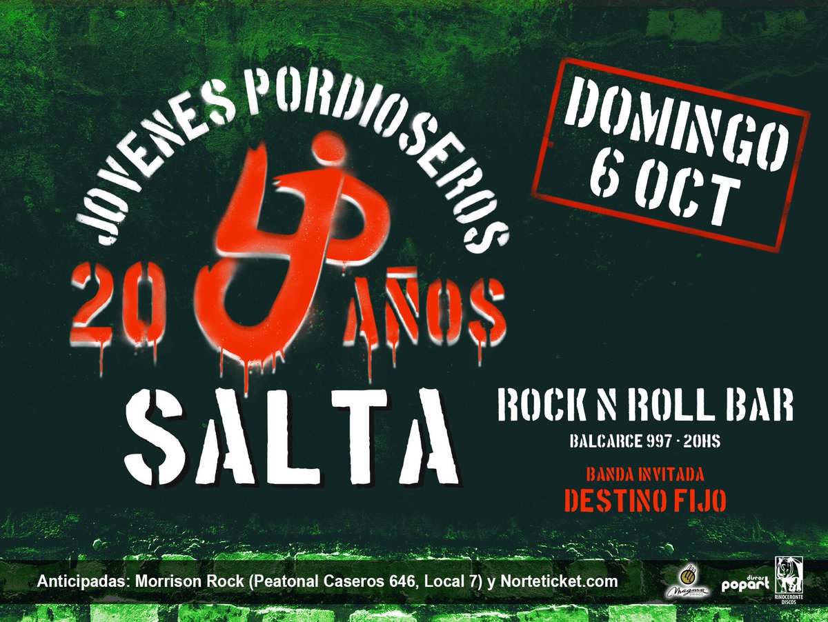 ¡LJP 20 Años en Salta! Nos vemos el domingo 6 de Octubre en Rock and Roll Bar (Balcarce 997, 20hs)

🎫 Anticipadas en:
- Morrison Rock (Peatonal Caseros 646, local 7)
- NorteTicket.com bit.ly/LJP20_Salta

Banda invitada: DESTINO FIJO RNR