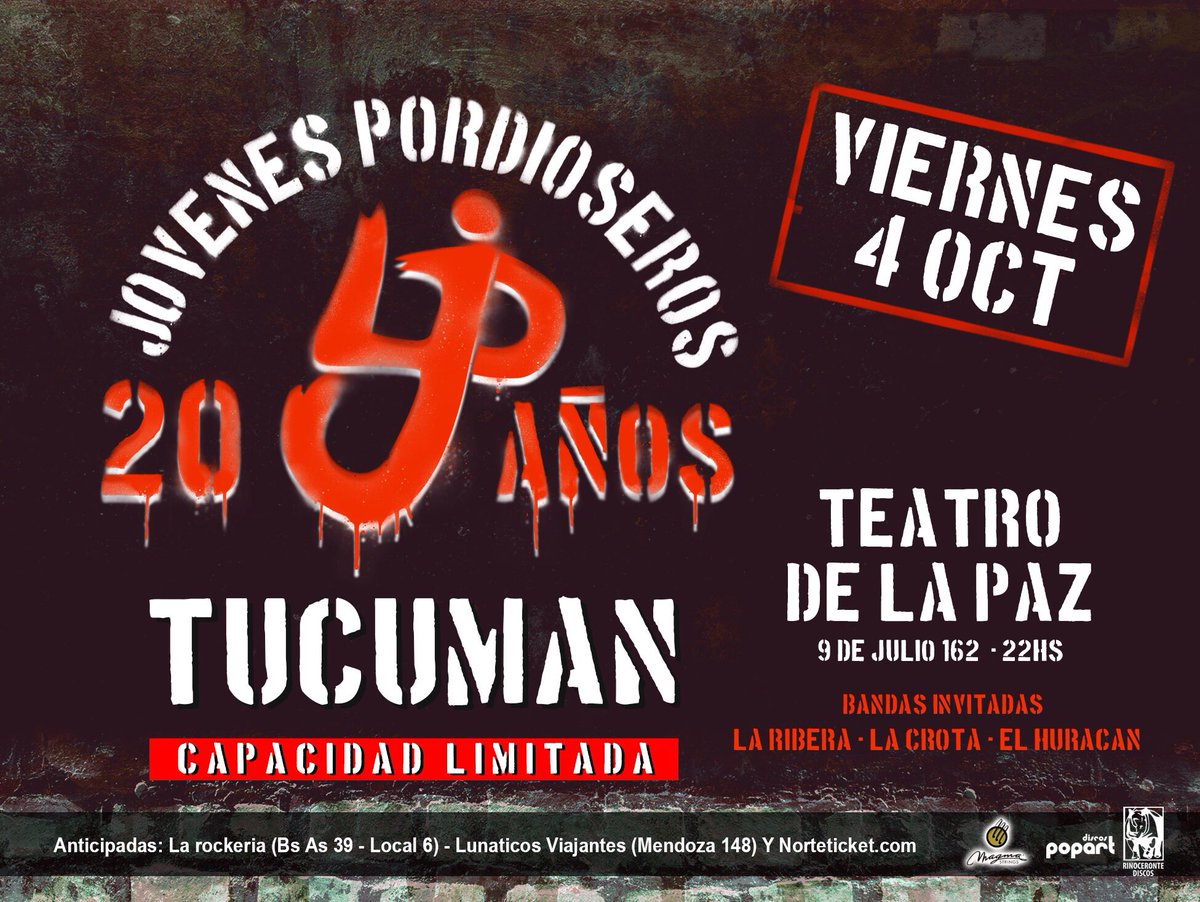 ¡LJP 20 Años en Tucumán! Nos vemos el viernes 4 de Octubre en Teatro de la Paz (9 de Julio 162).

🎫 Anticipadas en:
- La Rockería (Bs As 39, Loc6).
- Lunáticos viajantes (Mendoza 148).
- NorteTicket.com bit.ly/LJP20_Tucuman

Junto a La Ribera / La Crota / El Huracán.