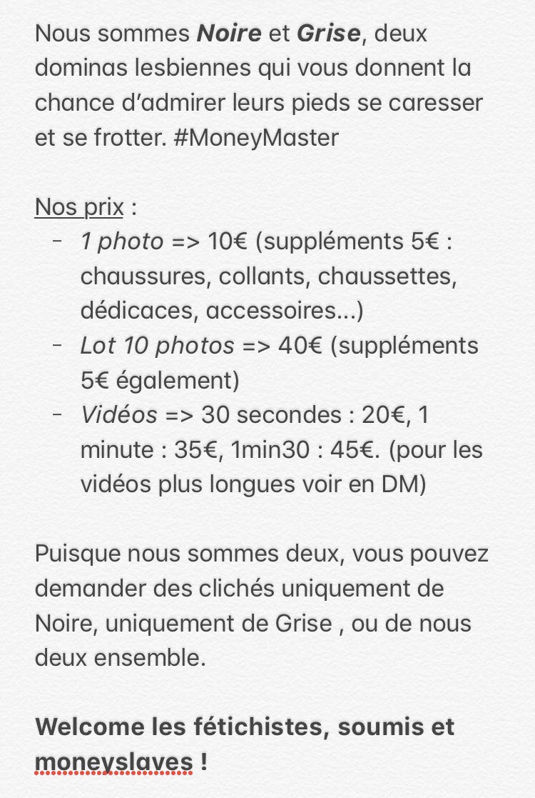 NoireGriseFeet's tweet photo. Hello ! Pour les intéressés, voici nos prix (nous acceptons aussi les offrandes en cadeaux) 🦶🏻💦💰 Notre paypal : https://t.co/HfrsbPYTIe
#findom #feet #moneyslave #paypig #moneymiss #moneymaster #fetichiste #domina #feetlover #moneyfriend #lesbian #gifts #soumis https://t.co/1YAqFdgmTG
