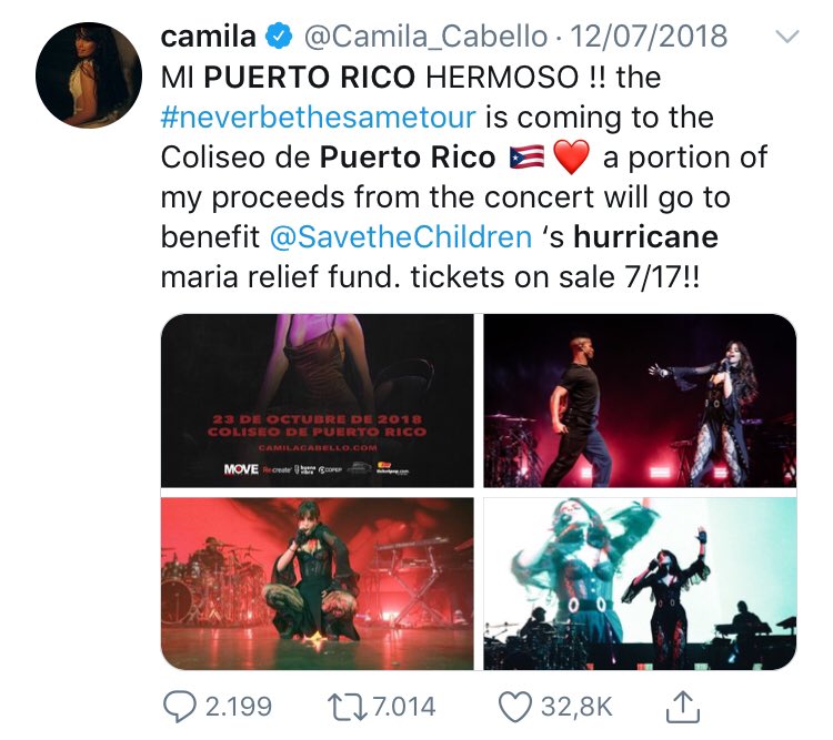 Camila donated part of the proceeds from the Puerto Rico concert tickets to Save the Children in support of the victims of Hurricane Maria.