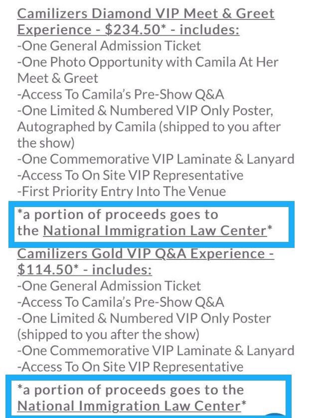Camila has donated part of her tour package VIPs profits to the Children Health Fund and to the National Immigration Law Center.