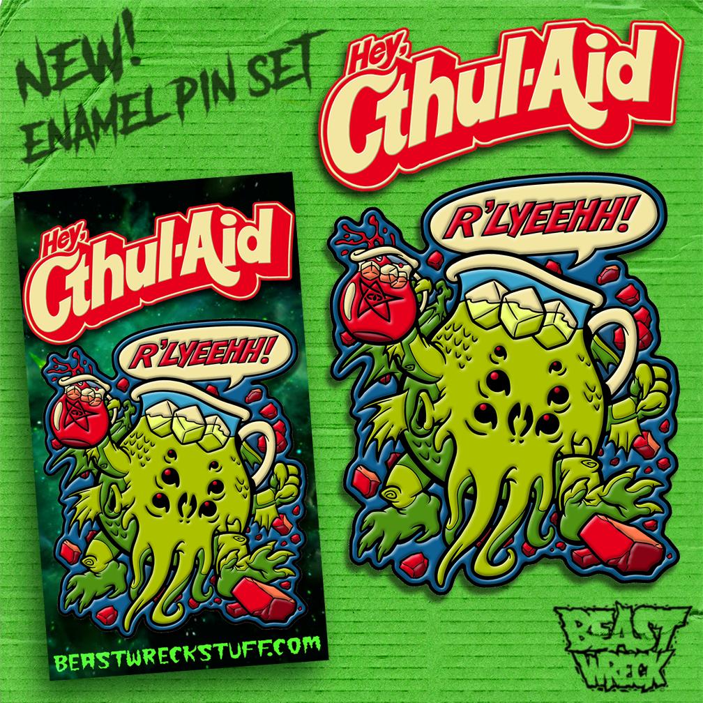 BeastPop's tweet photo. My NEW "CTHUL-AID" Enamel Pin Sets are now available!
2 big pins on one custom backer card!
Grab one before Monday at midnight and save $3!
BUY HERE: https://t.co/RBVzynyNQd https://t.co/Ljl6ov1I8R