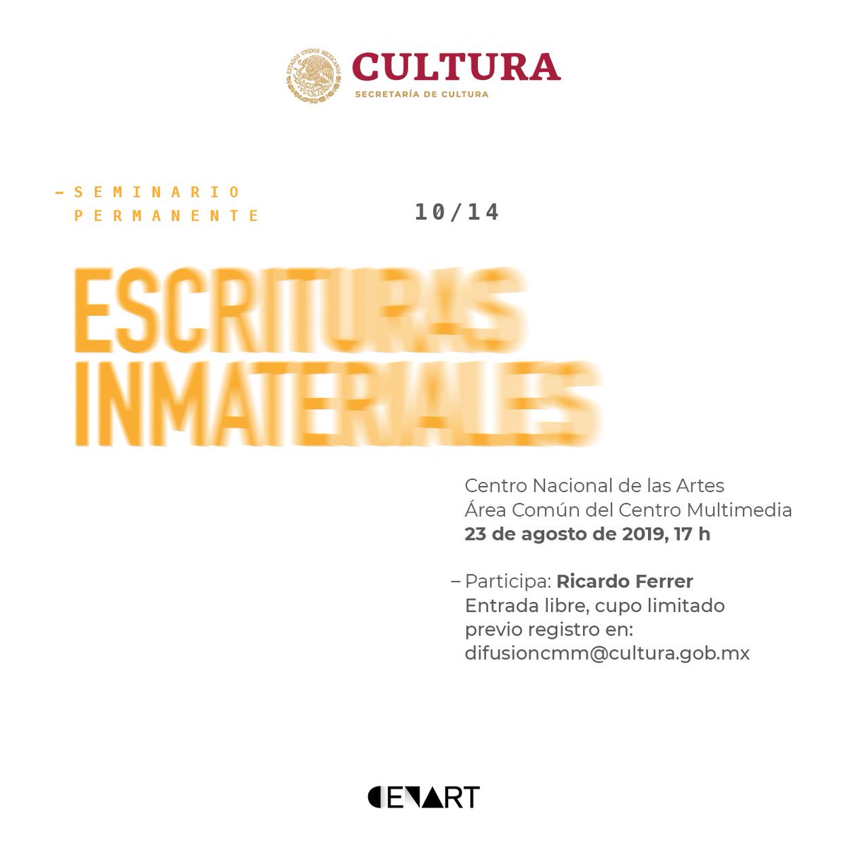 cmm_cenart's tweet photo. Ya se acerca la siguiente sesión de #EscriturasInmateriales
Manda tu nombre y comenta con nosotros.
23 de agosto #EntradaLibre https://t.co/4j1wEsbs4h