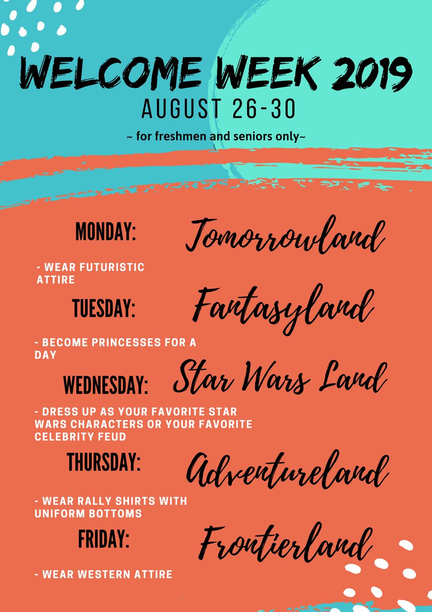 Mickeys_2020's tweet photo. Hey Mickeys! Here’s our Welcome Week themes for NEXT week, Aug 26-30. Don’t forget to be prepared for our LAST first day tomorrow!! https://t.co/cnyC1aWF4M