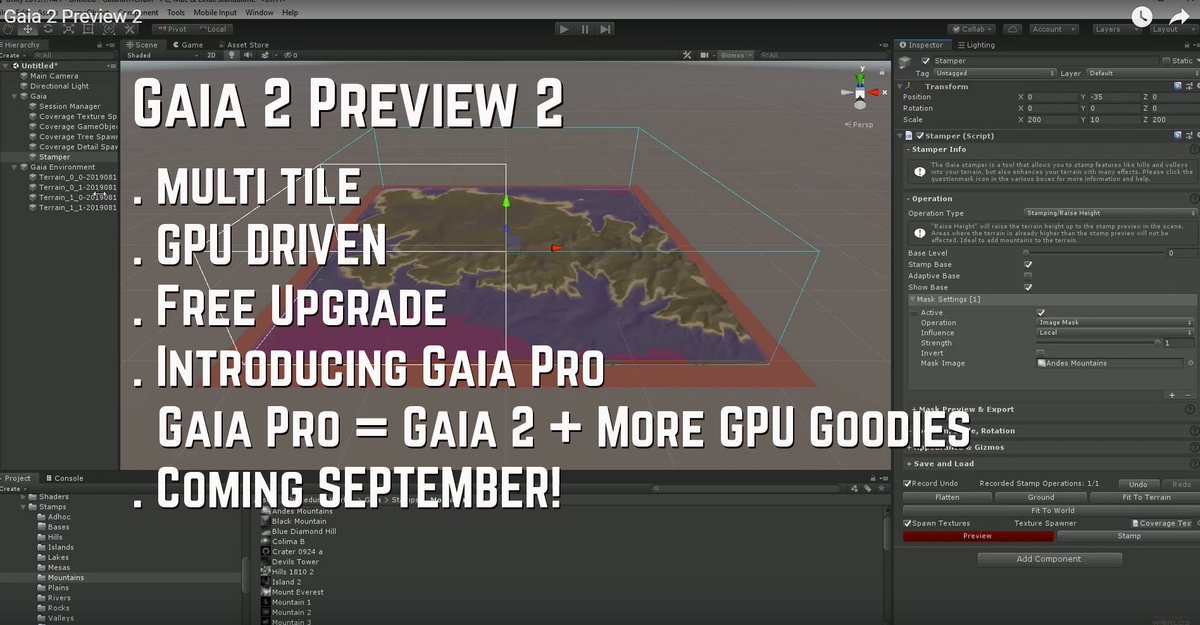 AdamGoodrich's tweet photo. Gaia 2 / Gaia Pro - Preview 2!
Gaia 2 / Pro is well advanced and will launch to beta in September. Gaia 2 brings GPU driven multi tile to Gaia, and Gaia Pro is Gaia 2 + more filters. 
Video: https://t.co/lOSpLCxmfv 
#madewithunity #indiedev #gamedevelopment https://t.co/sn6ILKu8tL