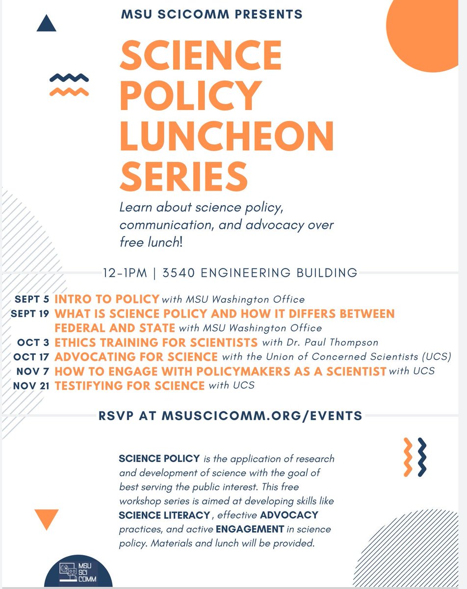 msu_scicomm's tweet photo. We are having #scipol lunches at @michiganstateu this Fall! They will be every other Thursday at the engineering building room 3540. We will start with what is policy and then grow from there. We hope to see you all there!

#scicomm #comsciconmi2019 @ComSciConMI https://t.co/PKMExsd68x