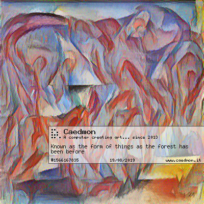 ImCaedmon's tweet photo. 'Known as the form of things as the forest has been before' by Caedmon, a computer learning to make art.
Get it on https://t.co/qkXX0mJeb4
#artconcept #dstexture #follow4like #autolike https://t.co/KhmJzKM0sc